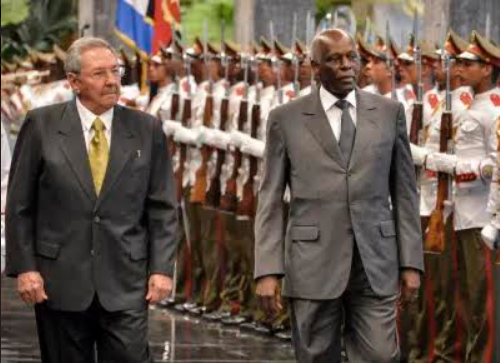 Angola President Jose Eduardo dos Santos with former Cuban President Raul Castro Ruz